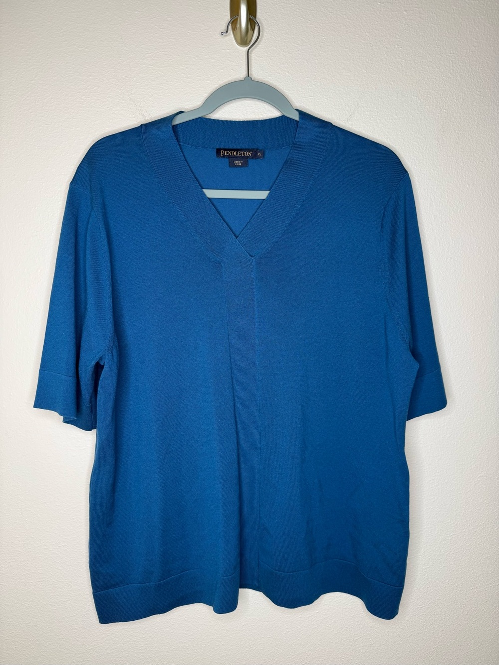 Pendleton Women XL Teal Blue Silk Blend V Neck Knit Sweater Top 3/4 Sleeve